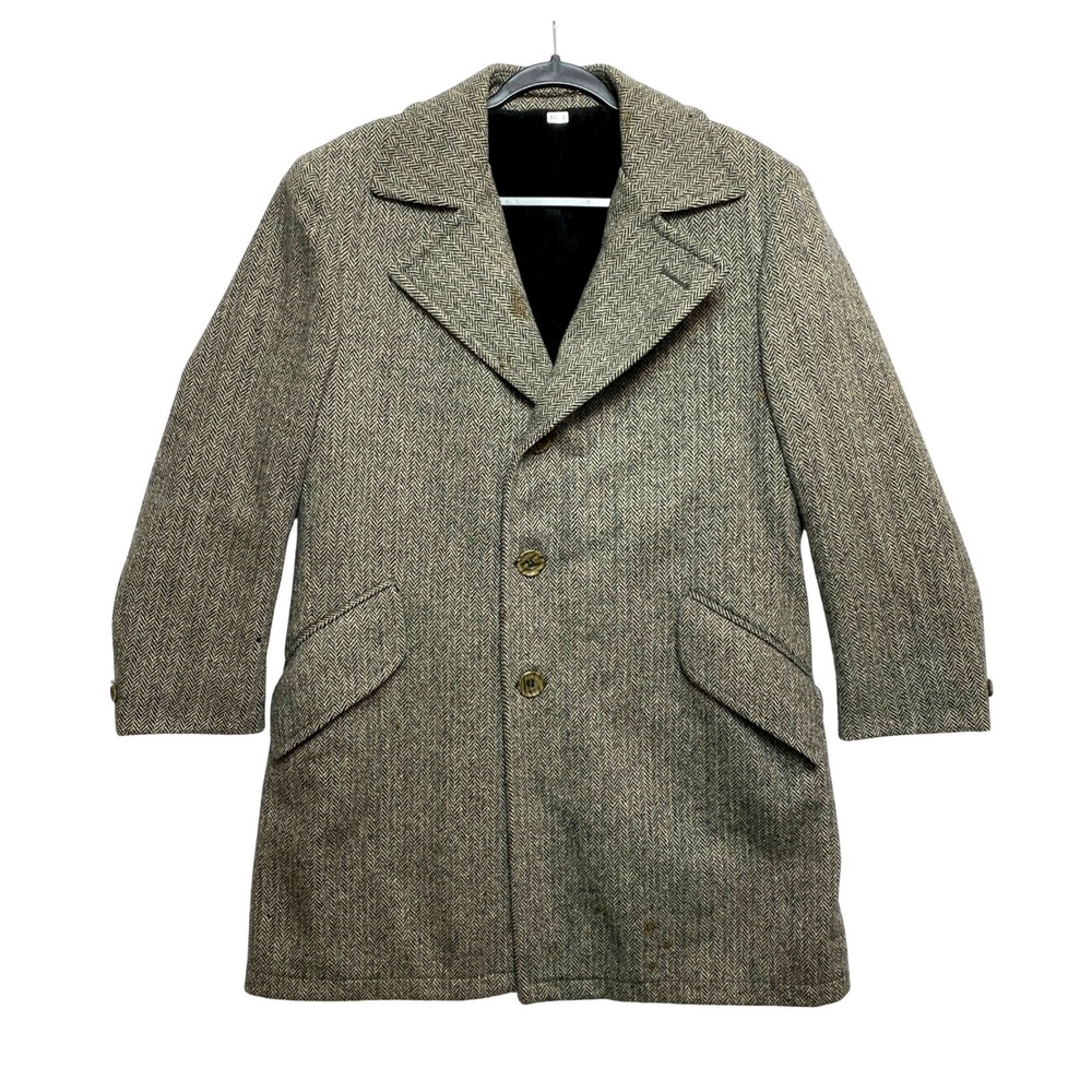 VINTAGE Zero King Tweed Overcoat Mens 40R Brown Herringbone Wool Blend 70's